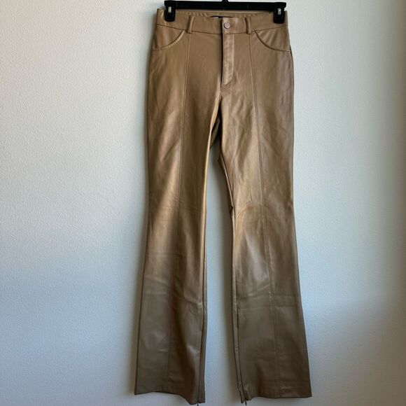 Zara Faux Leather Flare Leg Pants Size 28 Medium Tan Nude Stretch High Rise - Picture 1 of 8